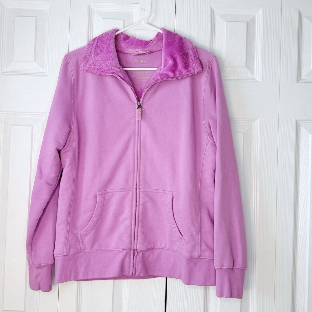 L.L. Bean Womens LARGE Pink Sherpa Lined Full Zip Jacket Sweatshirt